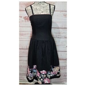 Opening Night Vintage 80s Black Floral Border Print Cotton Midi Dress Pink Trim